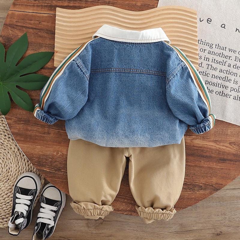 Boys 2025 New Outfit Baby Spring and Autumn Ribbon Denim Three-Piece Set Children's Stylish Long Sleeve Clothes