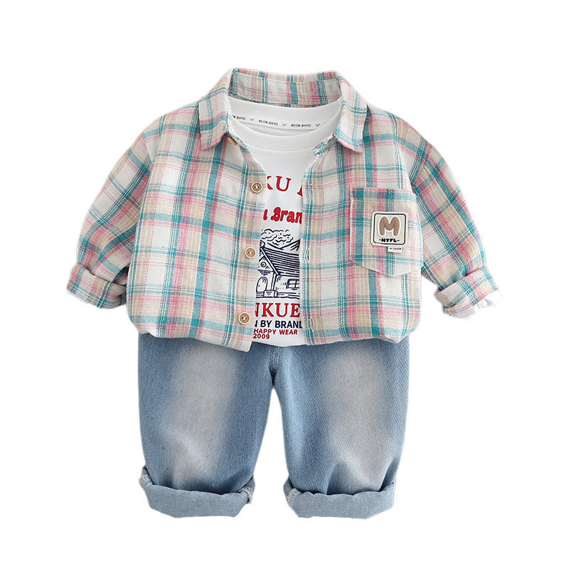 2025 Children's Autumn Outfit Stylish Plaid Shirt Three-Piece Set for 1-3-4 Year Old Boys Korean Style Boys' Clothing