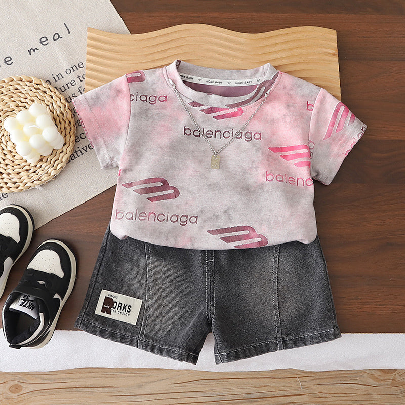 Boys' Stylish Outfit 2026 New Model for Toddlers, Lightweight Summer Wear with Jacquard Letter Print Short Sleeve Two-Piece Set