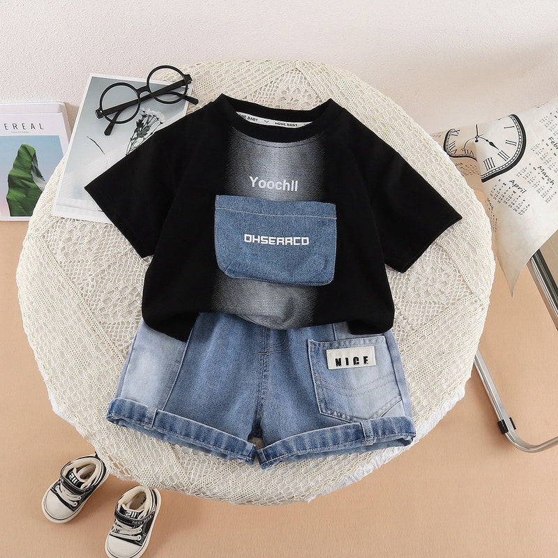 Boys' Outfit 2026 New Model Infant Children's Letter Patch Short Sleeve Two-Piece Set Baby Summer Casual Clothes