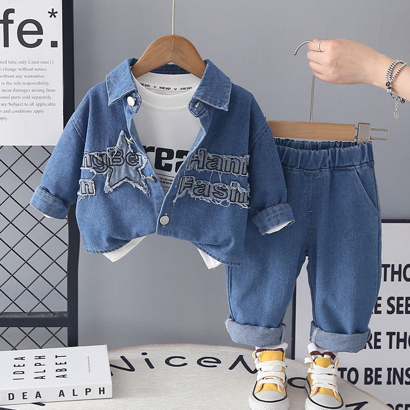 Boys' Autumn Outfit 2026 New Style Baby Boy Spring Fashion Long Sleeve Denim Patchwork Three-Piece Set for Infants and Children