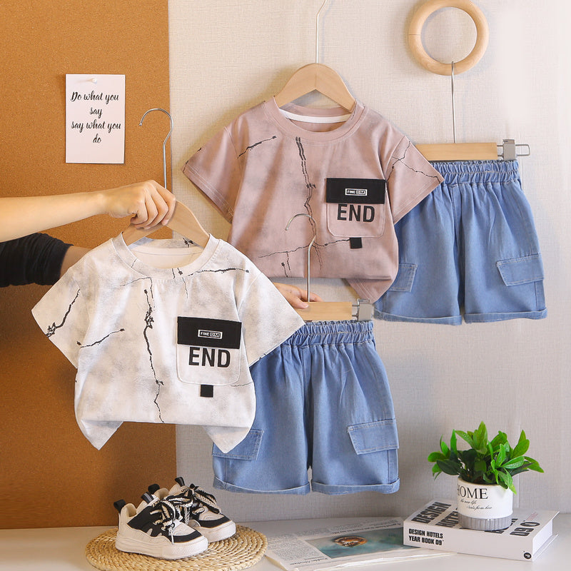 Boys' Summer Outfit 2026 New Stylish and Cool Baby Children's Pocket Short-Sleeve Two-Piece Fashionable Clothes