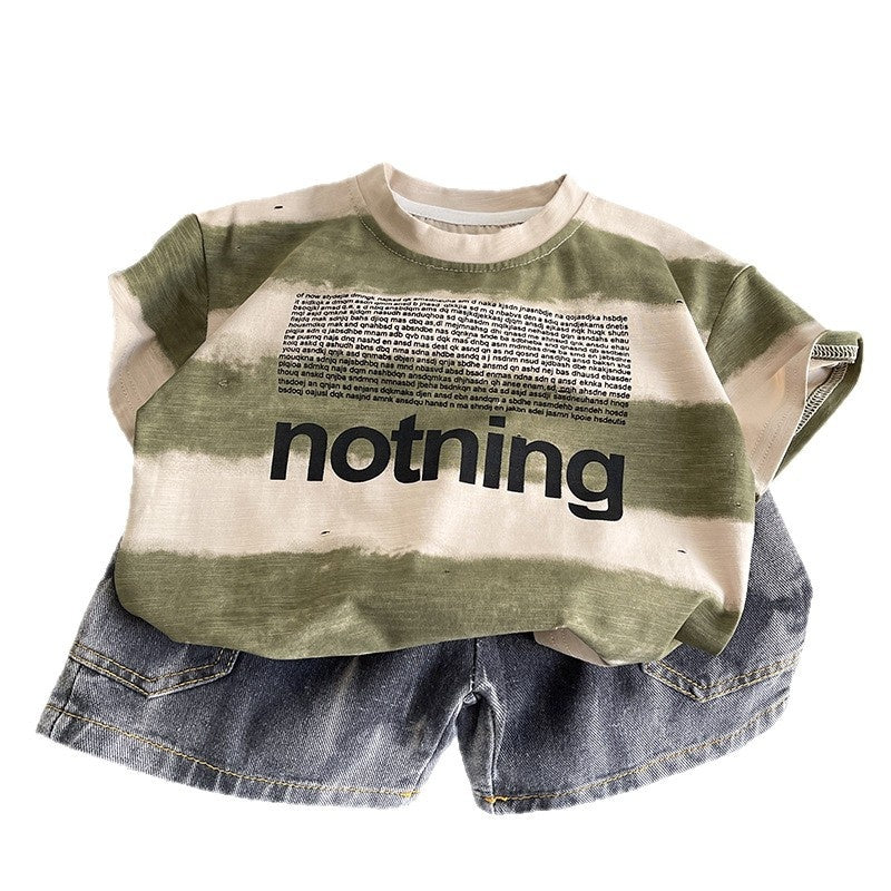 Boys' wide-striped short-sleeve set with small letters, 2026 new model, baby clothing, infant children's wear, summer thin trendy clothes