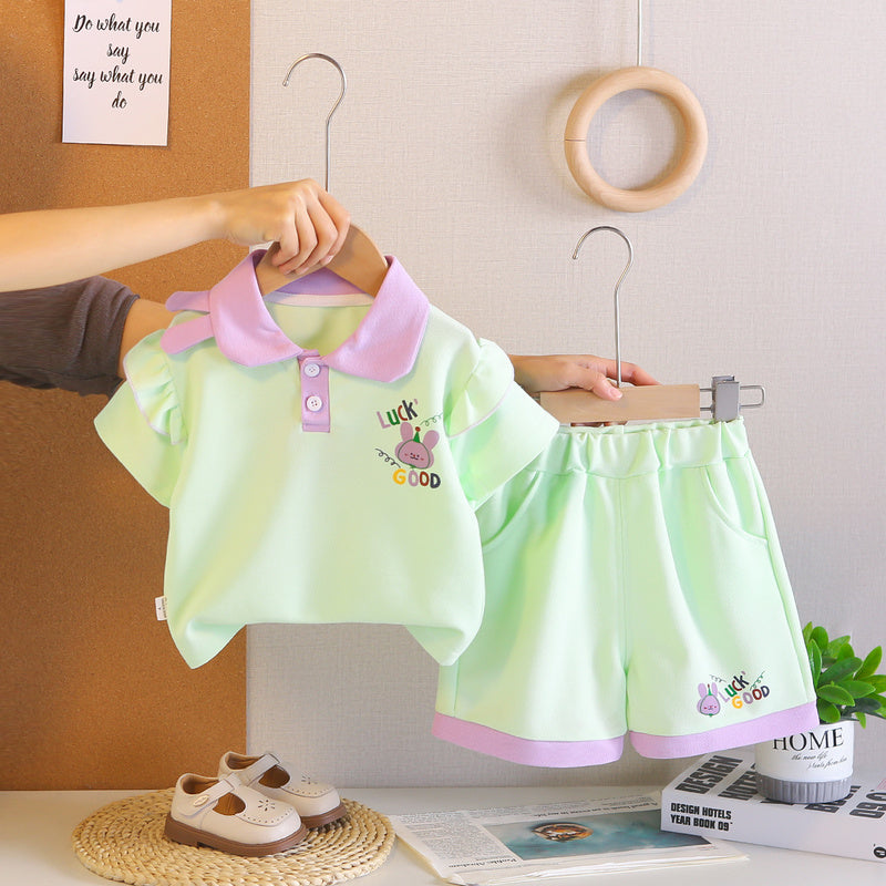 Girls' Outfit 2026 New Style Baby Children's Summer Clothes and Stylish Cute Lapel Rabbit Short Sleeve Two-Piece Set
