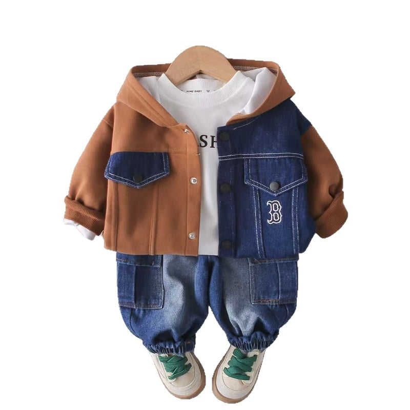 New autumn clothing children 1-3-4 years old, stylish denim color-block letter three-piece set for boys, toddler outfit, baby 2