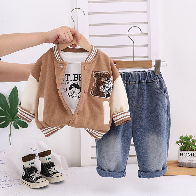 2025 New Little Boys' Spring and Children's Autumn Outfit Towel Embroidered Baseball Jacket Three-Piece Set
