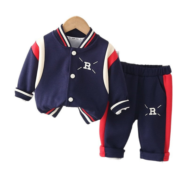 Autumn Outfits for Boys and Girls, Stylish Girls' Spring Color-Block Letter Jacket Two-Piece Set, Trendy Baby Clothes