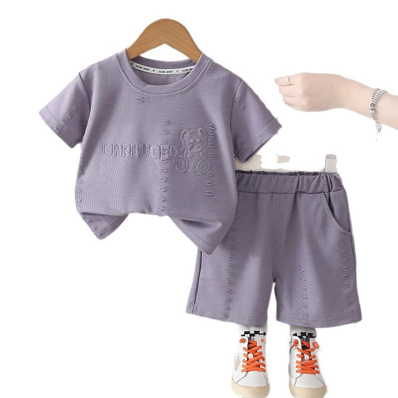 Boys' Outfit: Distressed Bear Short-Sleeve Set 2026 New Fashionable Baby Summer Clothes, Lightweight and Stylish for Children