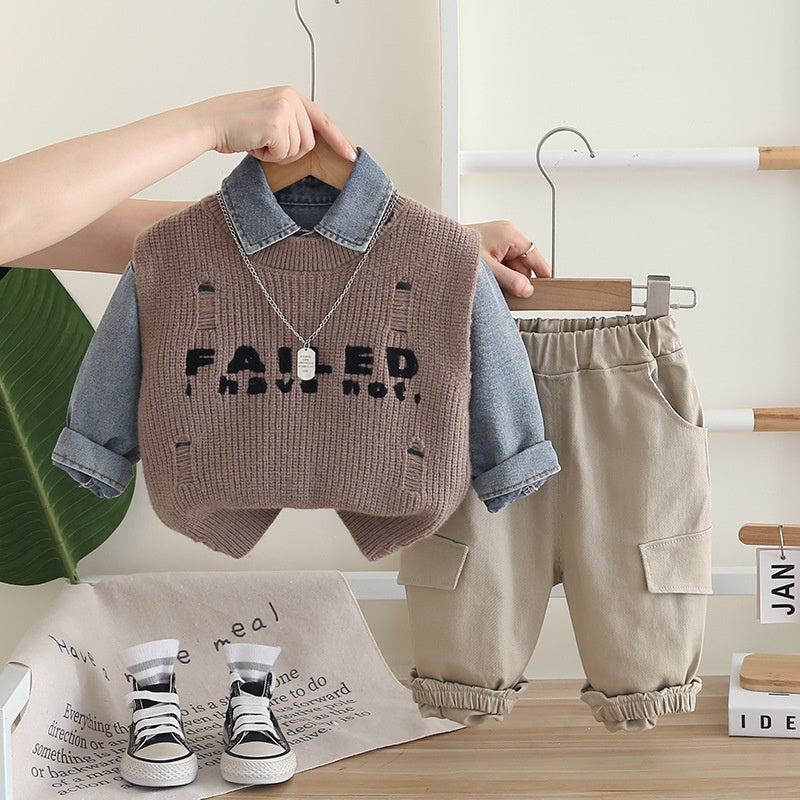 2025 Spring and Autumn Boys' Fashionable Denim Shirt, Long-Sleeve Letter Sweater, Vest, Casual Cargo Pants Three-Piece Set Wholesale