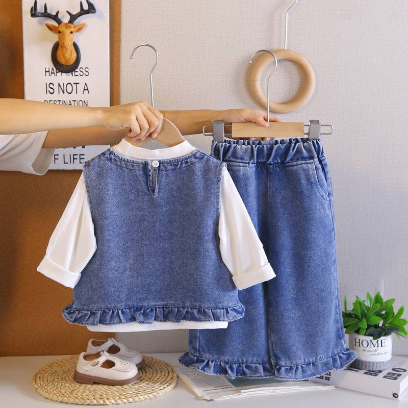 Girls' Outfit and Autumn 2026 New Fashionable Children's Cat Denim Vest Three-Piece Set Baby Spring Clothes