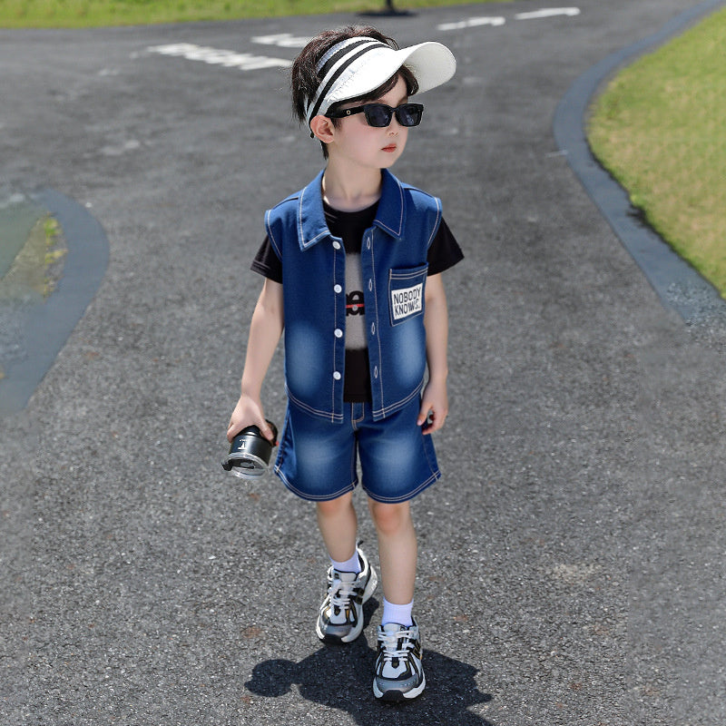 Boys' Outfit Baby Summer Set for 1-2-3-5 Year Old Boys, English Denim Vest Three-Piece Trendy Children's Clothing