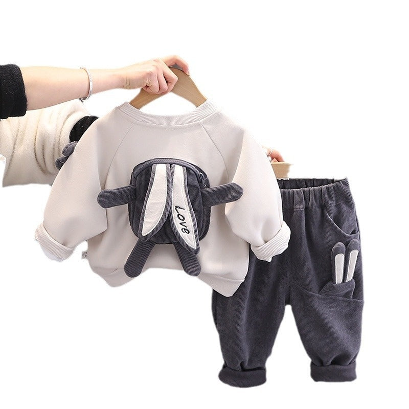 Children's Sweatshirt 2024 New Baby Spring and Autumn Clothes Cute Rabbit Bag Two-Piece Set Trendy
