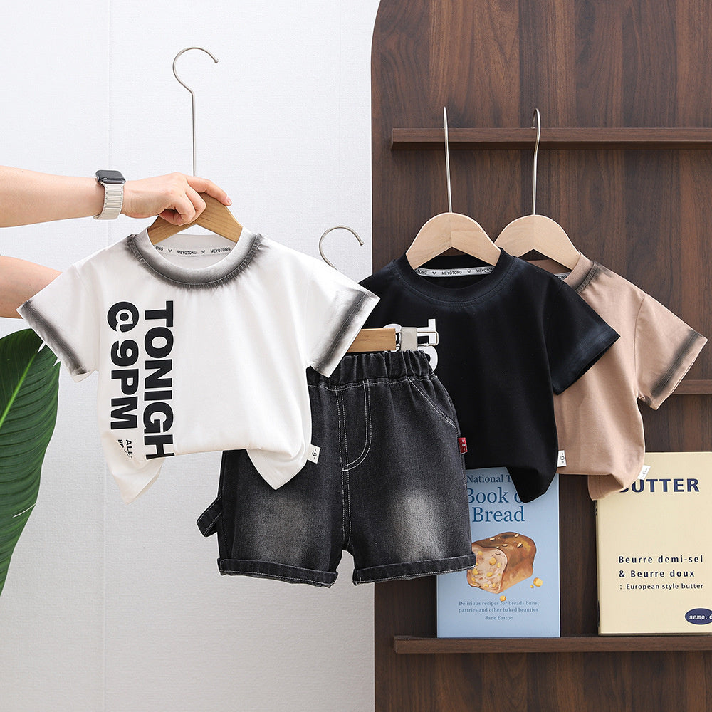 Boys' Outfit 2026 New Style Infant Summer Baby Boy Round Neck Letter Print Short Sleeve Two-Piece Set Trendy