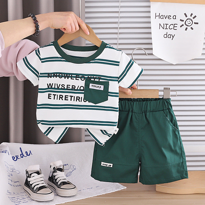 Boys' Short-Sleeve Two-Piece Set 2026 New Baby Summer Casual Clothes Trendy Striped English T-Shirt Outfit