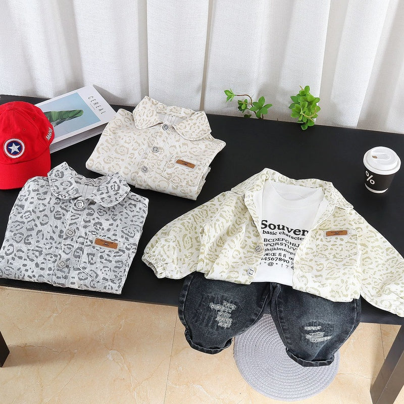 Boys' Suit 2026 New Spring and Style Children's Fashionable Baby Autumn Casual Leopard Print Cardigan Three-Piece Set Trendy