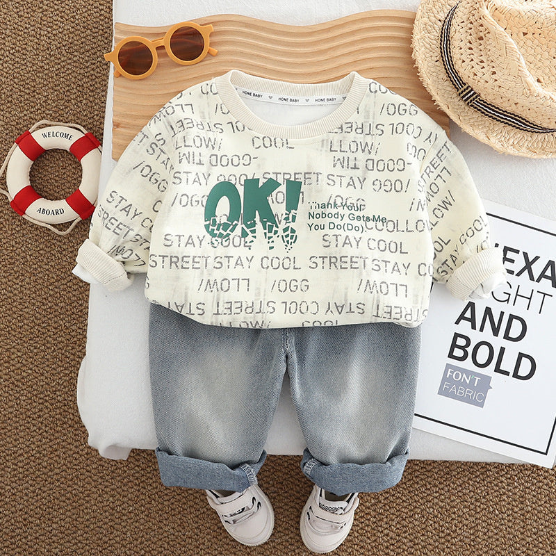 Boys' Outfit 2025 New Stylish Children's Baby Casual Spring and Autumn Letter Round Neck Sports Two-Piece Set
