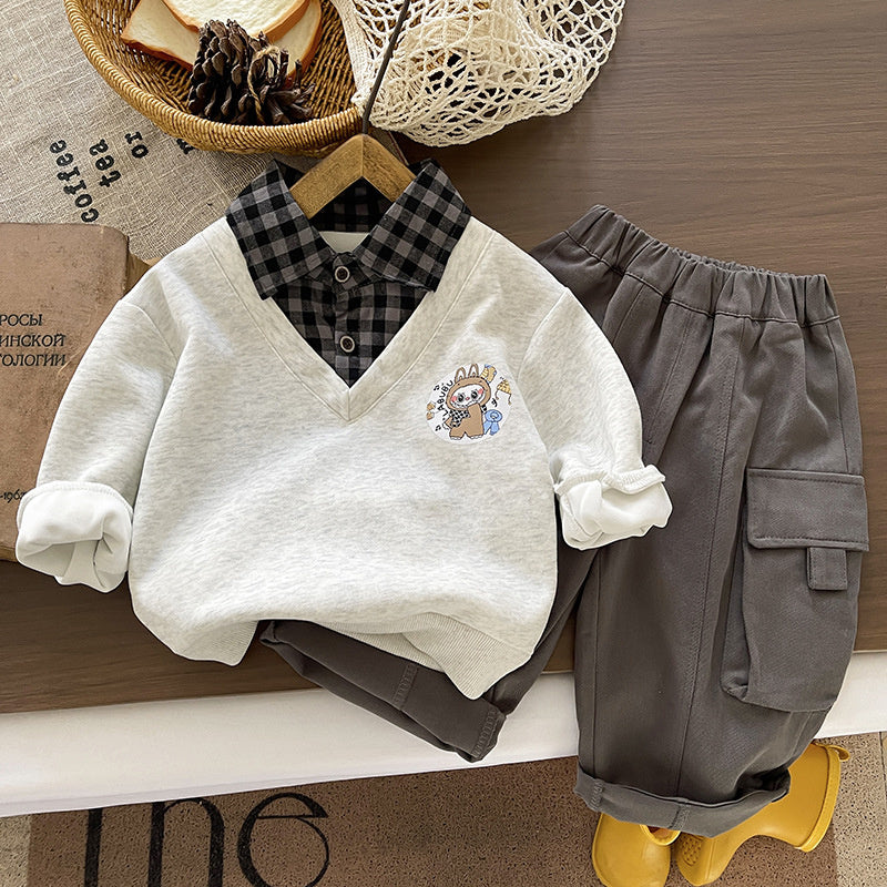 Outfit 2026 New Children's Sweatshirt Boys' Spring and Autumn Sporty Stylish Plaid Fake Three-Piece Set Trendy