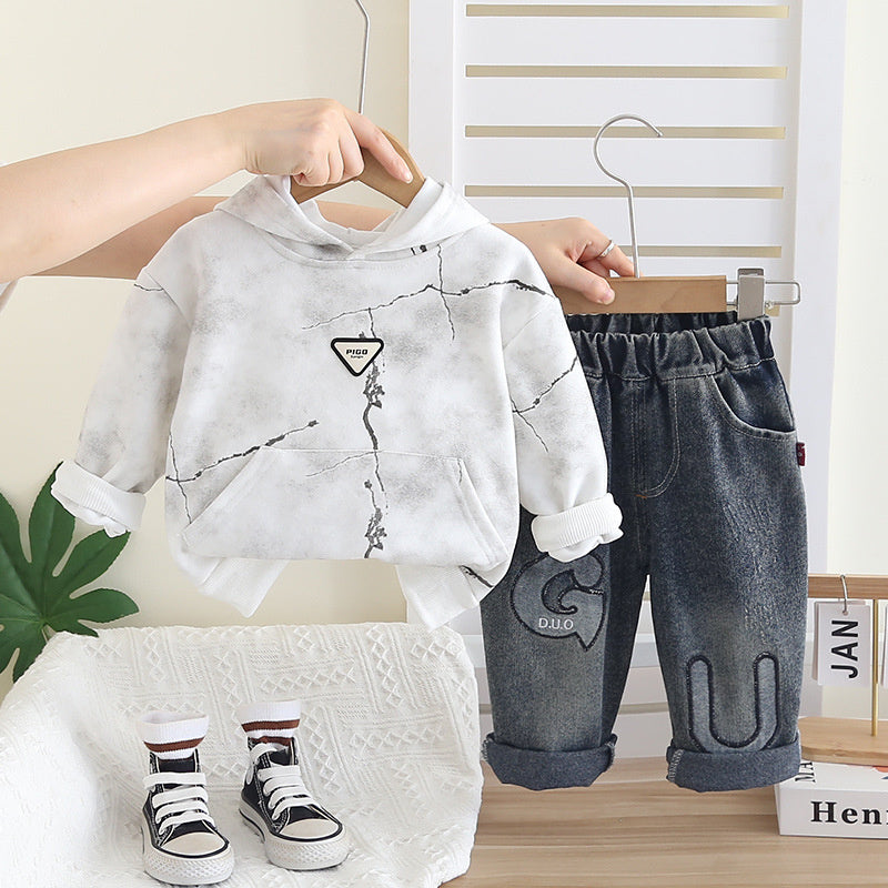 Boys' Casual Children's 2026 Stylish Baby Hooded Sweatshirt New Two-Piece Set for Spring and Autumn Outerwear