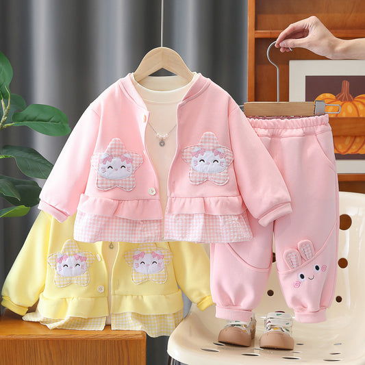 Girls' Autumn 2, Children's Clothing, Fashionable Girl's Star and Cat Three-Piece Set, Spring Outfit for 1-Year-Old Baby Girl