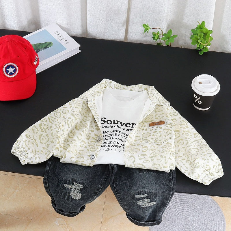 Boys' Suit 2026 New Spring and Style Children's Fashionable Baby Autumn Casual Leopard Print Cardigan Three-Piece Set Trendy
