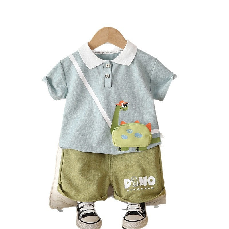 Boys' Turn-down Collar Dinosaur Short Sleeve 2026 New Baby Children's Clothing Toddler Summer Outfit Two-piece Trendy Set