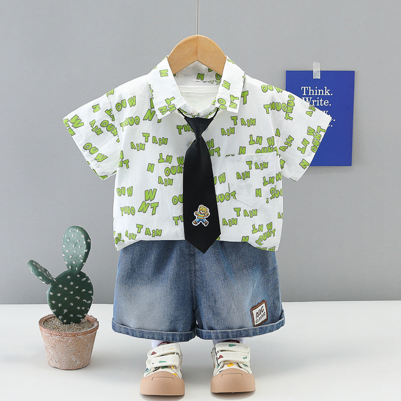 Boys' Outfit 2026 New Baby Summer Short Sleeve Three-Piece Set Children's Tie Bear Shirt 1-2-3 Years Old 5