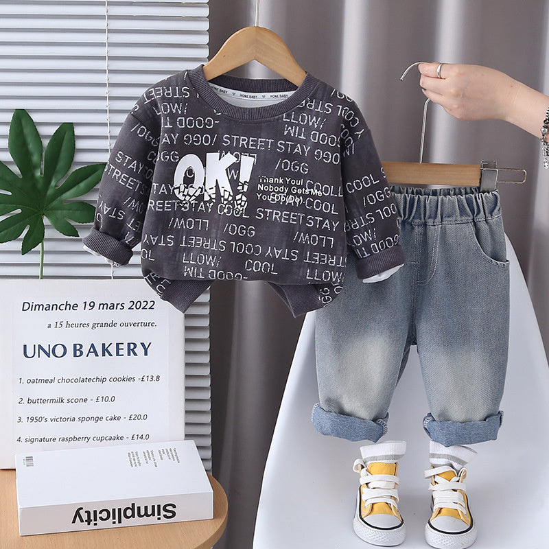 Boys' Outfit 2025 New Stylish Children's Baby Casual Spring and Autumn Letter Round Neck Sports Two-Piece Set
