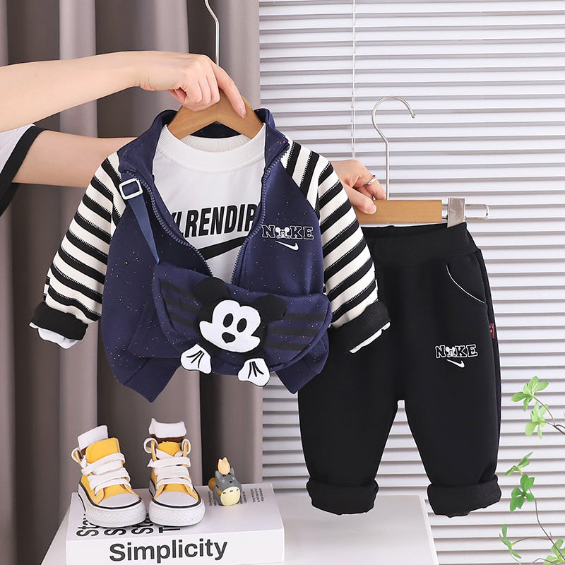Boys' Autumn Outfit 2025 New Stylish Baby Spring-Autumn Clothes Children's Cartoon Crossbody Bag Three-Piece Casual Trendy Set