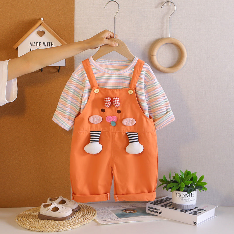Girls' Spring and Bowknot Overalls Two-Piece Set, Stylish Toddler Clothing for 1-Year-Old Baby Girls, Autumn Outfit