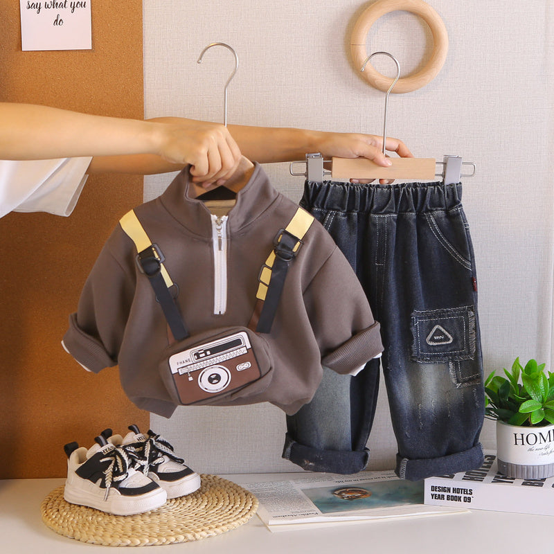 2026 New Spring Autumn Outfit Baby Boys, Cartoon Camera Sweatshirt Set, Stylish Long-Sleeve Two-Piece Set for Infants and Children