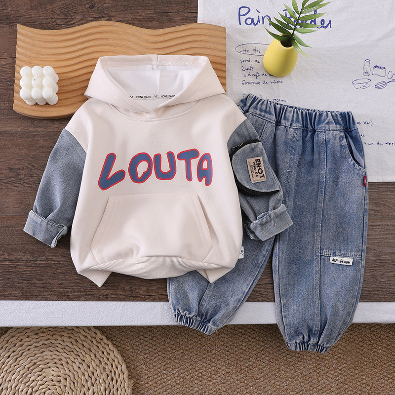 Boys' Outfit 2026 Model Spring Autumn Clothes for Infants and Toddlers, Stylish Casual Denim Patch-Sleeve Two-Piece Set Trendy