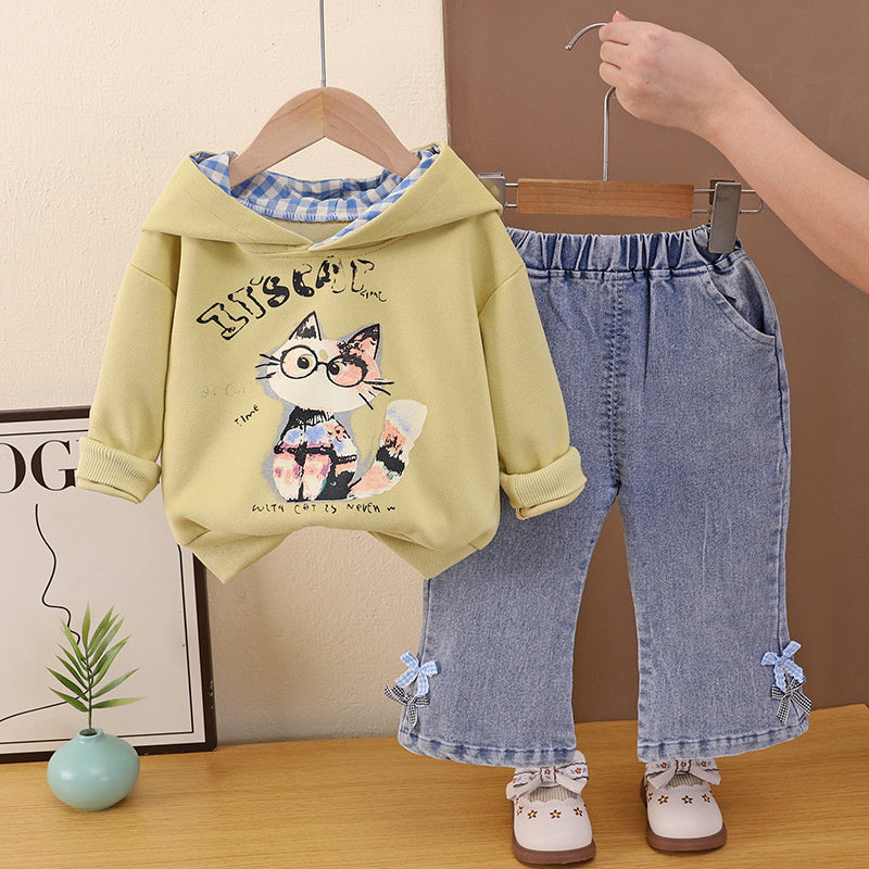 Children's Autumn Outfit 2026 New Spring-Autumn Set: Cat Print Sweatshirt and Jeans, Stylish Two-Piece Set for Girls