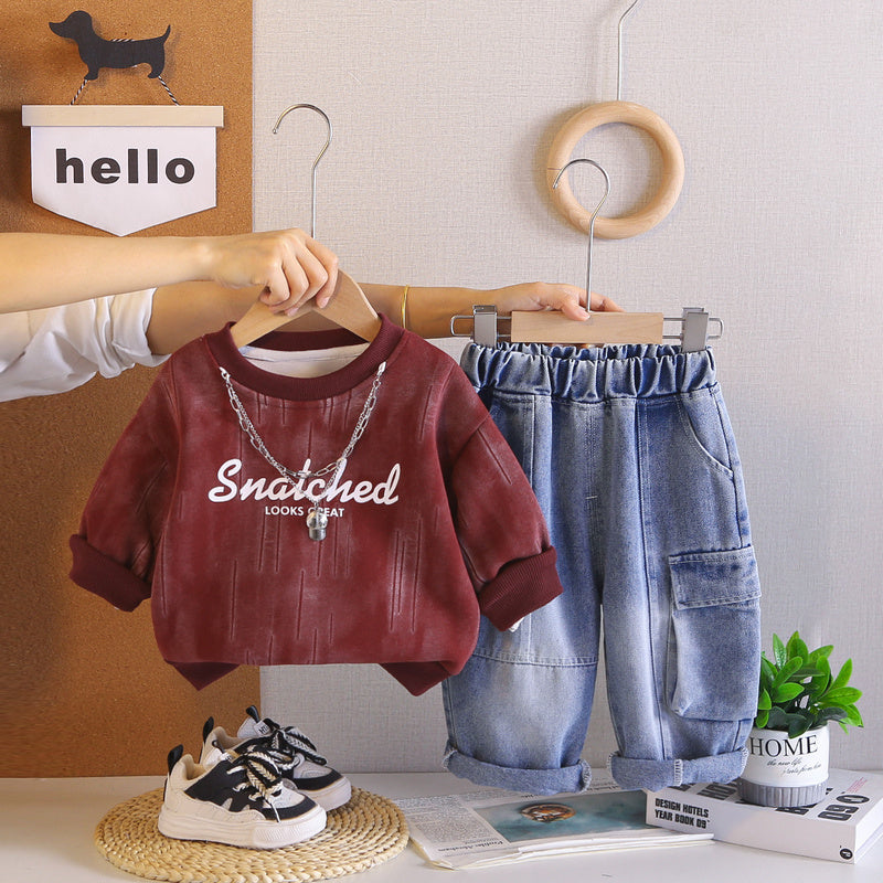 Boys' Autumn Outfit Round Neck Shirt 2026 New Fashionable Baby Spring/Autumn Necklace Letter Sweatshirt Two-Piece Set Trendy