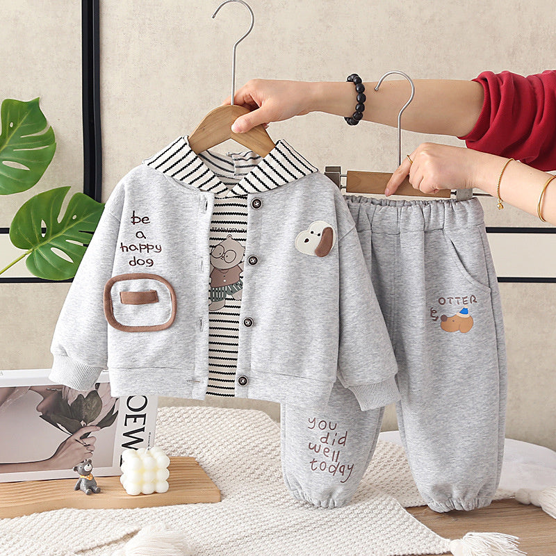 Boys' outfit set, stylish baby boy spring and autumn fashion trendy infant children's clothing striped puppy cardigan three-piece set