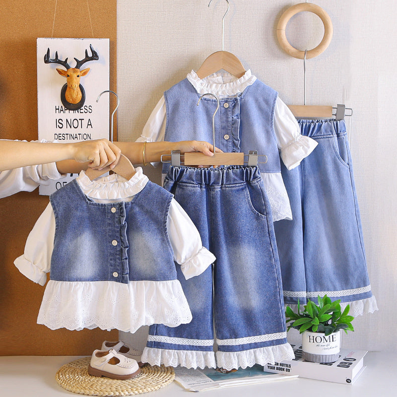 Girls' Outfit 2026 New Fashionable Spring and Autumn Pants, Baby Girl Denim Skirt, Long Sleeve Three-Piece Set