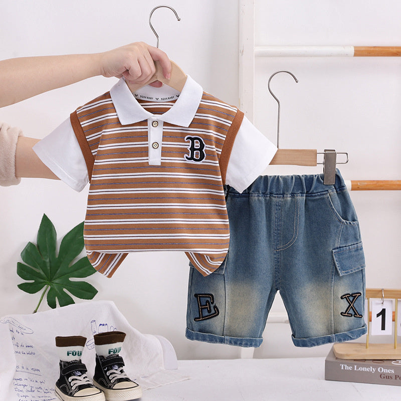 Children's Summer Outfit 2026 New Style Boys' Stylish Thin Striped Short-Sleeve Shirt Casual Two-Piece Set for Toddlers
