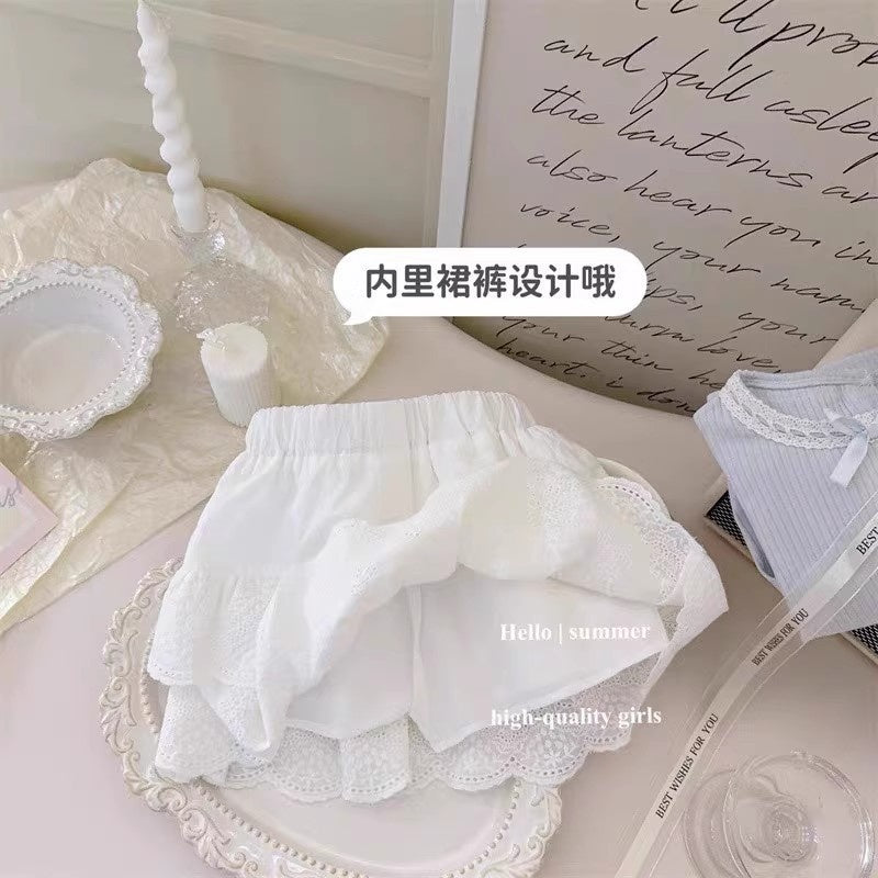 Girls' 2026 Summer New Cream Blue Top Short Sleeve Ballet Lace Skirt Baby Girl Korean Style Outfit