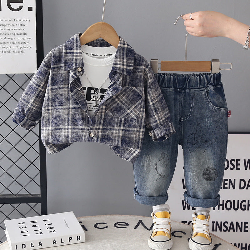 Boys' Suit 2026 New Spring and Style Children's Fashionable Round Pocket Plaid Shirt Baby Autumn Casual Three-Piece Set