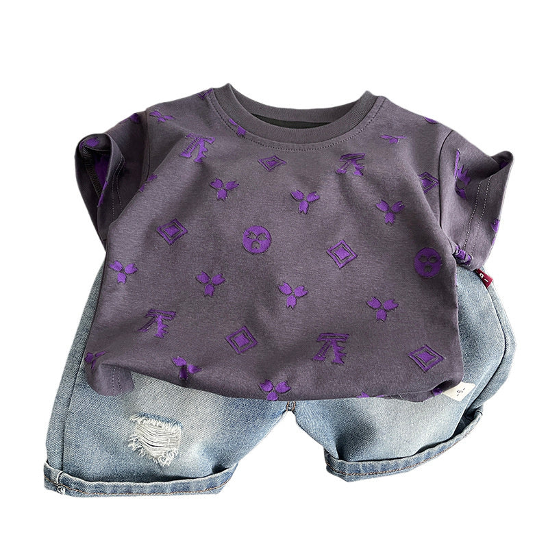 Boys' Outfit 2026 New Fashionable Toddler Summer Clothes with Printed Round Neck Short Sleeve Shirt and Jeans