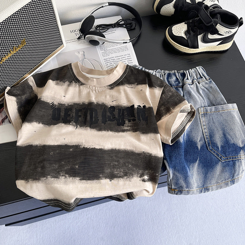 Baby Boy Outfit 2026 New Children's Summer Clothes 1-3 Years Old 5-Stripe Large Letter Short Sleeve Two-Piece Set Trendy