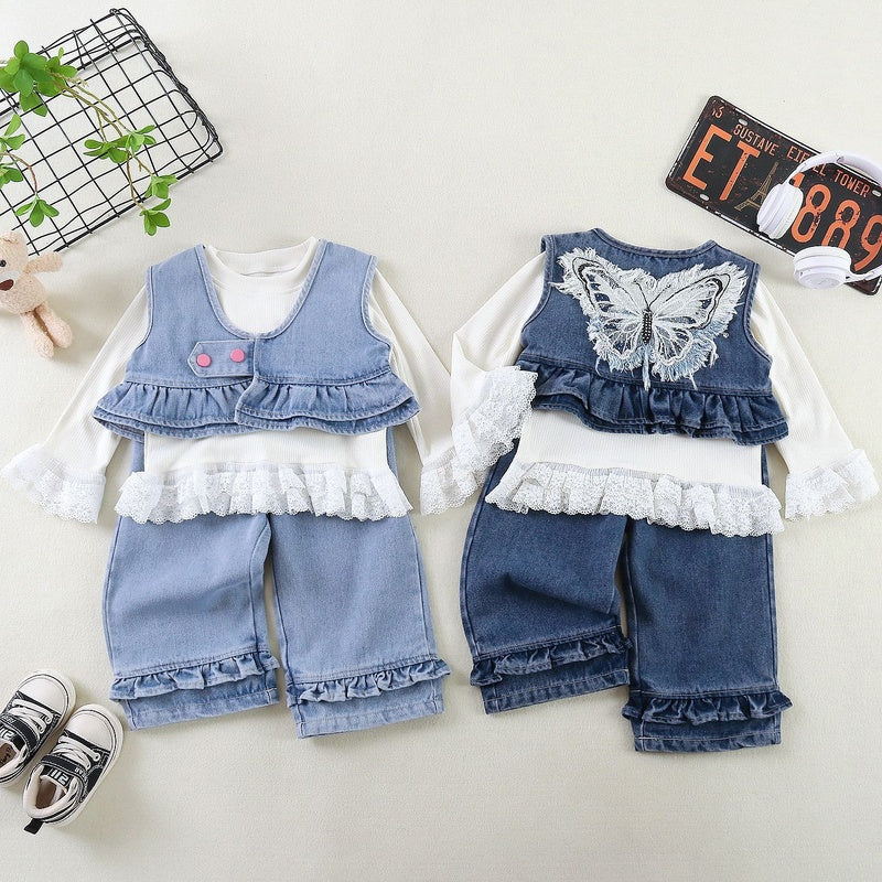Girls' Outfit 2026 New Children's and Autumn Denim Suit with Large Bow on the Back Baby Girls, Korean Style for Spring