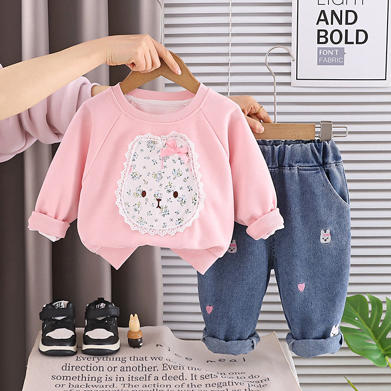Girls' Stylish Fashionable Autumn Outfit Set 2026 New Baby Spring/Autumn Floral Bunny Sweatshirt Infant Long Sleeve
