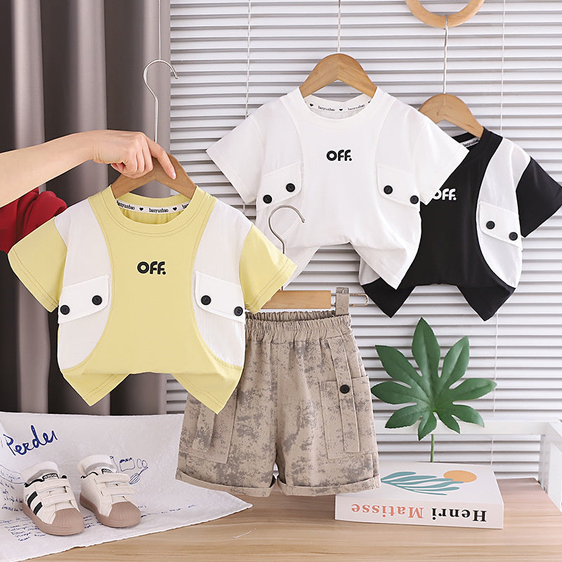Boys' Outfit 2026 New Fashionable Baby Two-Piece Set with Double-Button Faux Pockets and Short Sleeves, Children's Summer Clothing