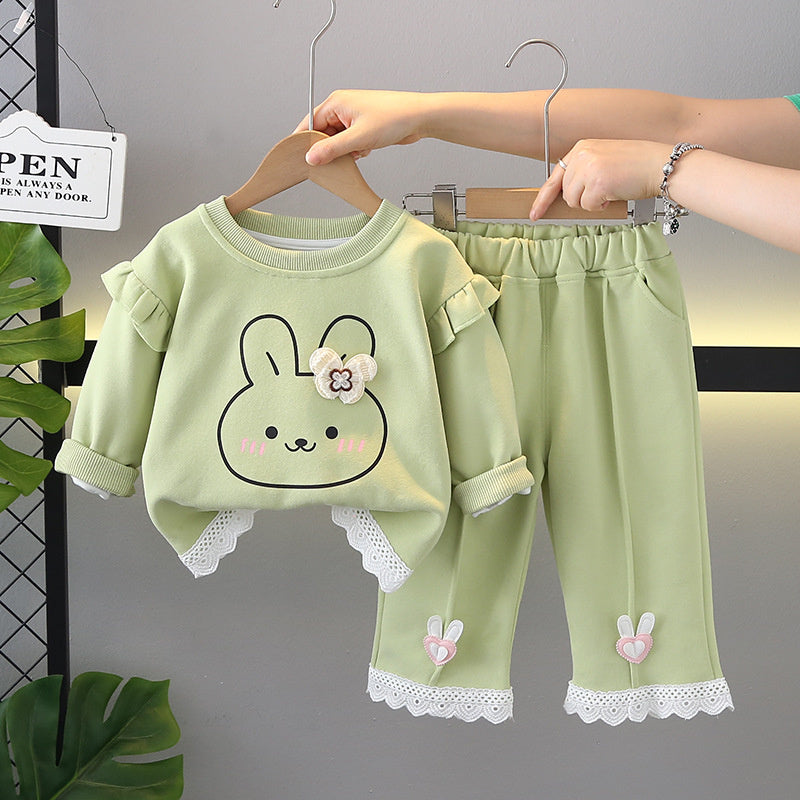 Girls' Lace Trim Bunny New Korean Style Fashionable Baby Casual Spring Autumn Sweatshirt for Outerwear