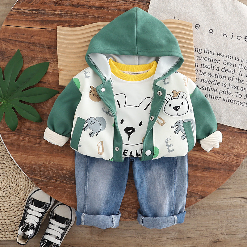 Boys' Stylish Spring and Set 2025 New Autumn Baby Full Print Animal Color Block Three-Piece Fashionable Toddler