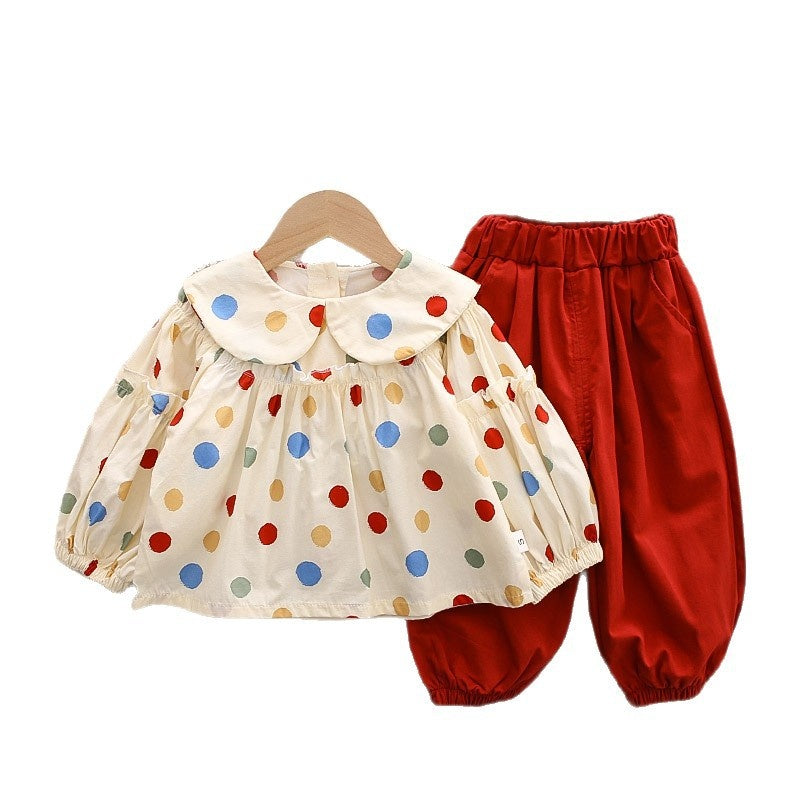 Girls' 2026 New Spring and Autumn Outfit, Stylish Children's Colorful Polka Dot Doll Shirt, Casual Two-Piece Set for Baby Girls