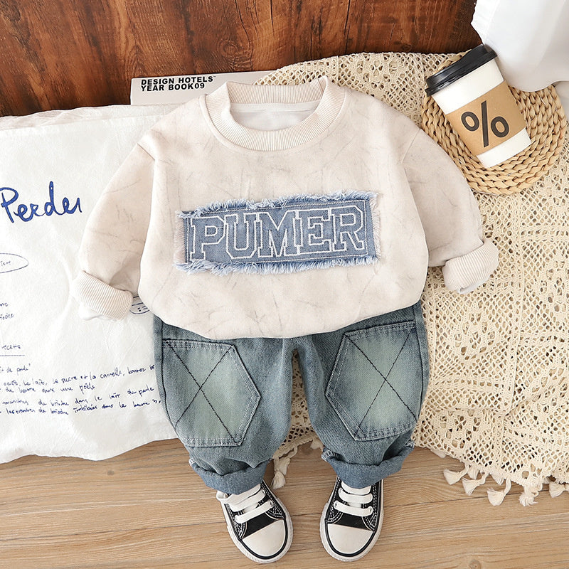 Boys' Spring and Sweatshirt 2025 New Stylish Baby Boy Autumn Letter Patch Long Sleeve Two-Piece Set