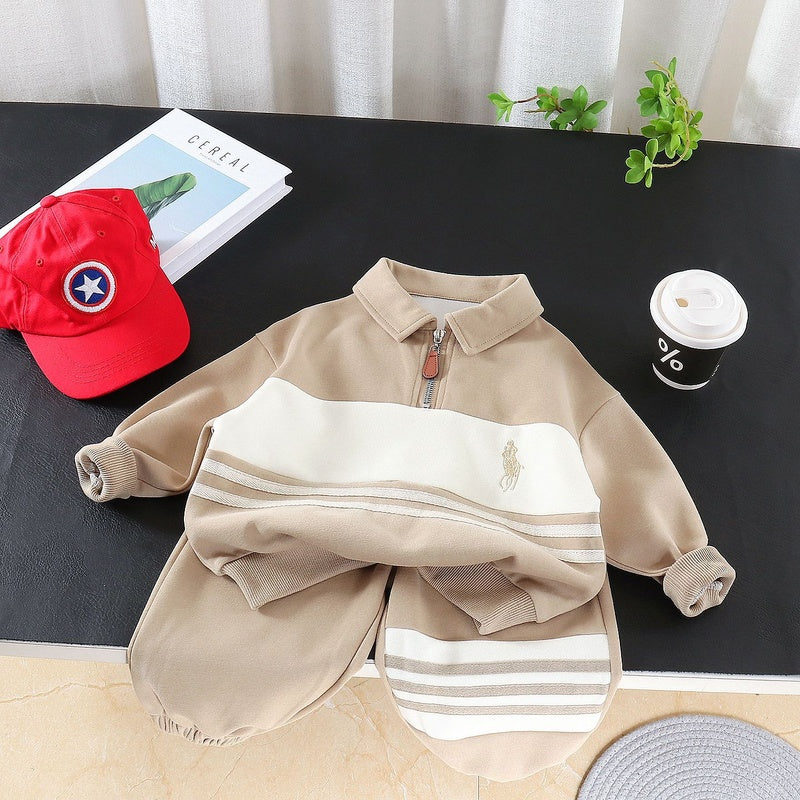 Baby Boy Outfit 2026 New Fashionable Boys' Spring and Autumn Children's Turn-down Collar Sweatshirt Two-piece Set Trendy
