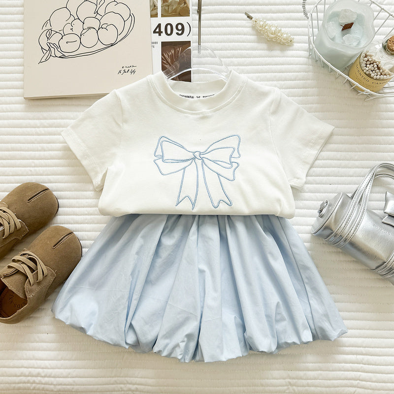 Girls' Summer Outfit New Embroidered Bow Short-Sleeve T-Shirt and Bud Shorts Casual Two-Piece Set for Girls