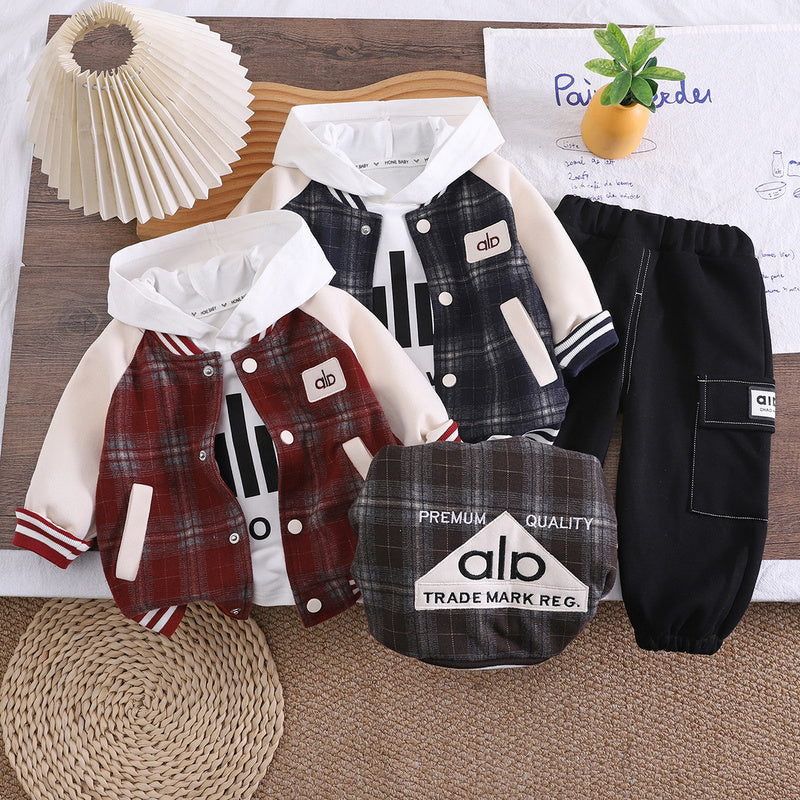 Boys' Outfit 2026 New Fashionable Children's Spring and Autumn Hooded Baseball Jacket Three-Piece Set Baby Trendy Clothing